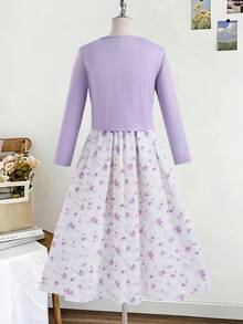 少女夏季休闲碎花长袖上衣和连衣裙套装 - 彩色 - 查看 2