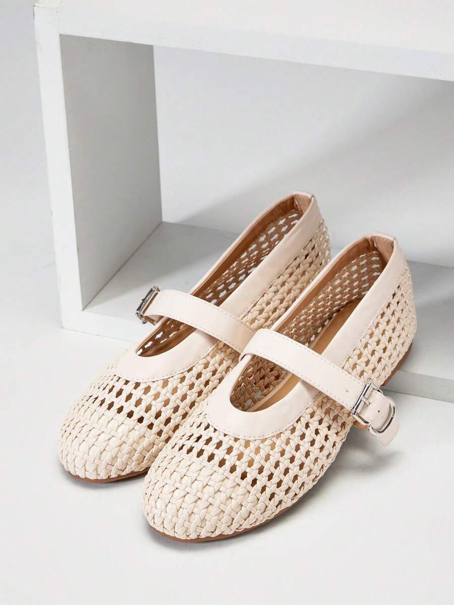SHUZIA Ladies Elegant Woven PU Mary Jane Flats - Beige - View 1