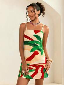 CAJUNI Women's Contrast Color Print Slip Dress, Fashionable,Beige Dress Beach Vacation Summer Tropical - Red - View 4