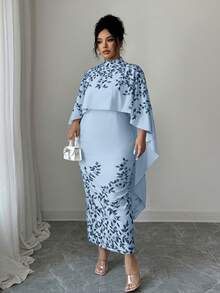 Elenzga 优雅连衣裙，高领设计，披肩式垂褶袖（宽松飘逸的上身，修身的下摆），植物印花大码连衣裙 - 藍色 - 查看 7