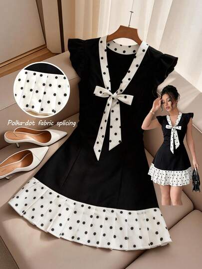 Franclia Women's Elegant Polka Dot Print Ruffle Hem Front Tie Dress, Summer