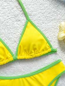 SHEIN Teen Girl Navy Blue & Yellow Contrast Trim Halter Neck Bikini 2 Pieces Swimwear Set, Spring/Summer - Multicolor - View 4