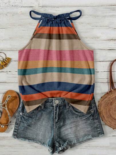 SHEIN LUNE Camiseta de tirantes con cuello halter de estilo bohemio, elegante y colorido con estampado de rayas, perfecto para vacaciones en la isla, viajes en barco, playa y cruceros, festivales de música y conciertos - Estilo bohemio de verano