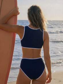Swim SPRTY Women's Solid Color Surfing Bikini Set, Contrast Color Splice Elegant Beach Swimwear For Summer Vacation - Navy Blue - View 2