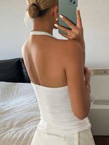 DAZY Atasan Wanita Model Camisole Ketat Berkerah V dengan Tali Bahu Tipis untuk Musim Panas, Model Halter Top, Warna Putih, Atasan Dasar untuk Acara Keluar Malam. - Putih - View 4