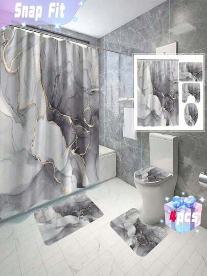 Marble Patterned Series Printed Shower Curtain Set, Toilet Seat Cushion U-Shaped Cushion Floor Mat, Waterproof Bathtub Curtain, Bathroom Accessories With Hooks