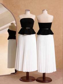 Elaquor Damen Große Größen 2-teiliges Set, elegantes Schwarz-Weiß-Outfit, schwarzes Kleid mit plissiertem Rock, Urlaubsanzug, Vintage-Luxus-Stil Set, Sommerkleidung für Frauen, weißer plissierter Rock, Damen Zweiteiler, Damen Kleid, Wickelkleid, Bürokleidung für Frauen, Arbeitsoutfits für Frauen, formelle Kleidung für Frauen, elegantes Damen-Set, Sommeroutfits für Frauen - Schwarz und Weiss - Übersicht 1