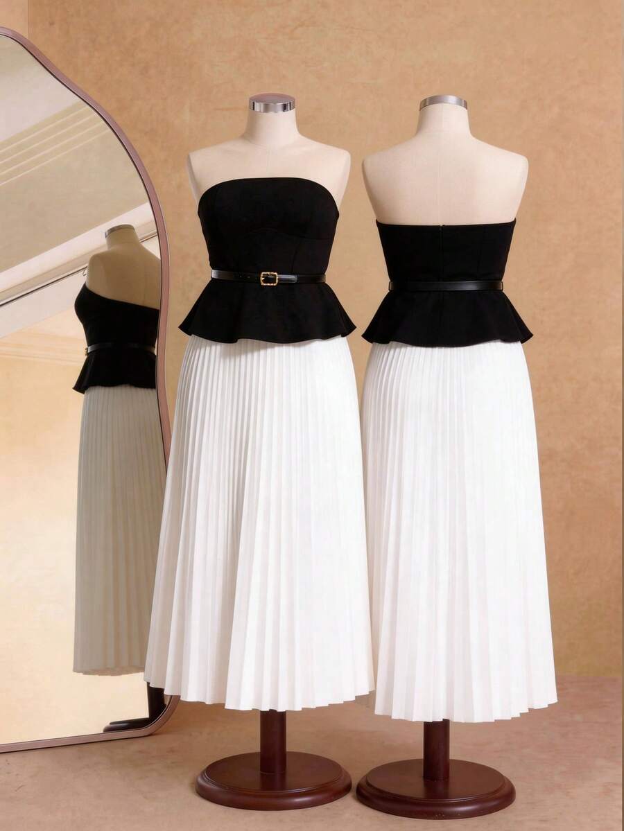 Elaquor Damen Große Größen 2-teiliges Set, elegantes Schwarz-Weiß-Outfit, schwarzes Kleid mit plissiertem Rock, Urlaubsanzug, Vintage-Luxus-Stil Set, Sommerkleidung für Frauen, weißer plissierter Rock, Damen Zweiteiler, Damen Kleid, Wickelkleid, Bürokleidung für Frauen, Arbeitsoutfits für Frauen, formelle Kleidung für Frauen, elegantes Damen-Set, Sommeroutfits für Frauen - Schwarz und Weiss - Übersicht 1