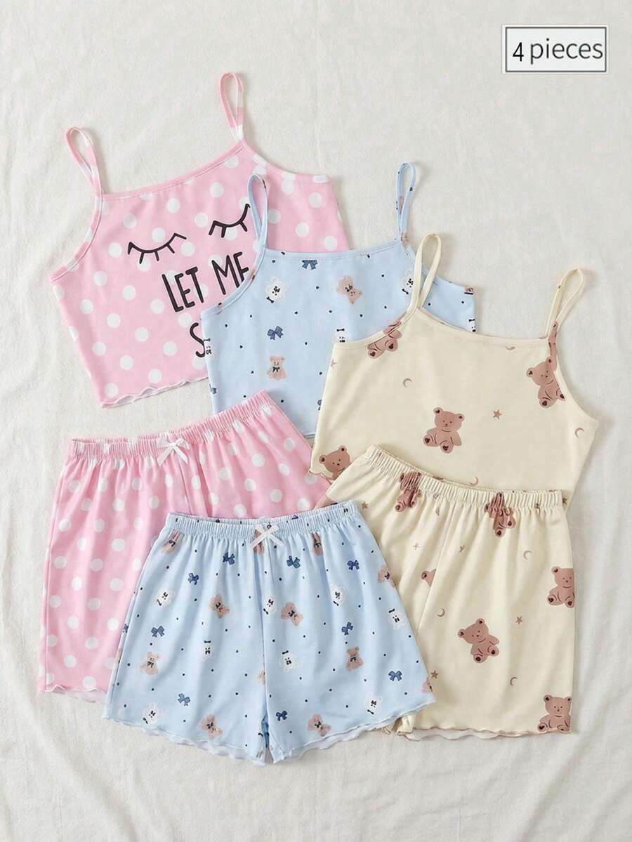 Conjunto de pijama de 3 piezas para niñas con estampado de corazón, lazo y cereza, informal y lindo, para verano - Multicolor - Ver 1