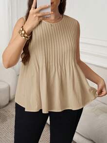 SHEIN LUNE Áo thun nữ cỡ lớn màu trơn cổ tròn, kiểu dáng thường ngày, đa năng. - Màu be - Xem 8