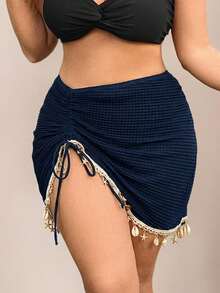 Falda de verano para mujer de talla grande con cordón, fruncido, estampado de estrella de mar y concha, flecos, unicolor, tela de textura especial y bajo con abertura - Azul marino - Ver 3