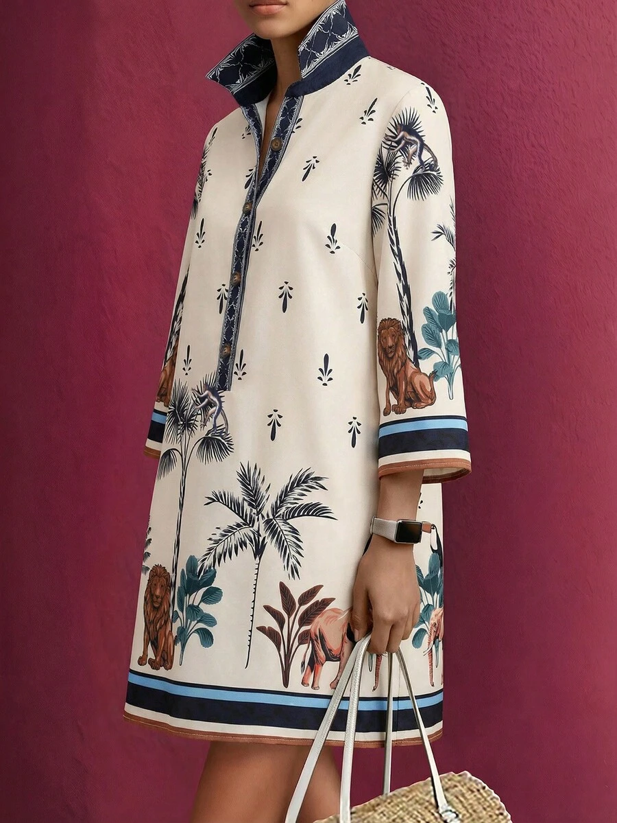 EMERY ROSE 大码女装春夏动物植物印花中袖衬衫领休闲中长连衣裙 - 彩色 - 查看 1