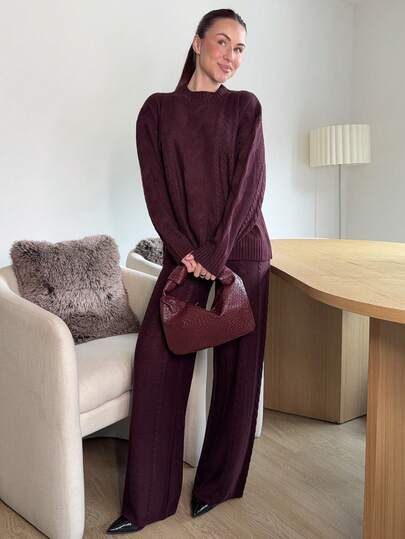 Abrilcols 女式勃艮第色圆领长袖休闲毛衣上衣和裤子两件套，冬季服装