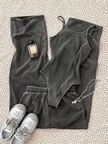 SHEIN 少女罗纹连体裤和抽绳阔腿裤休闲套装 - 灰色 - 查看 2