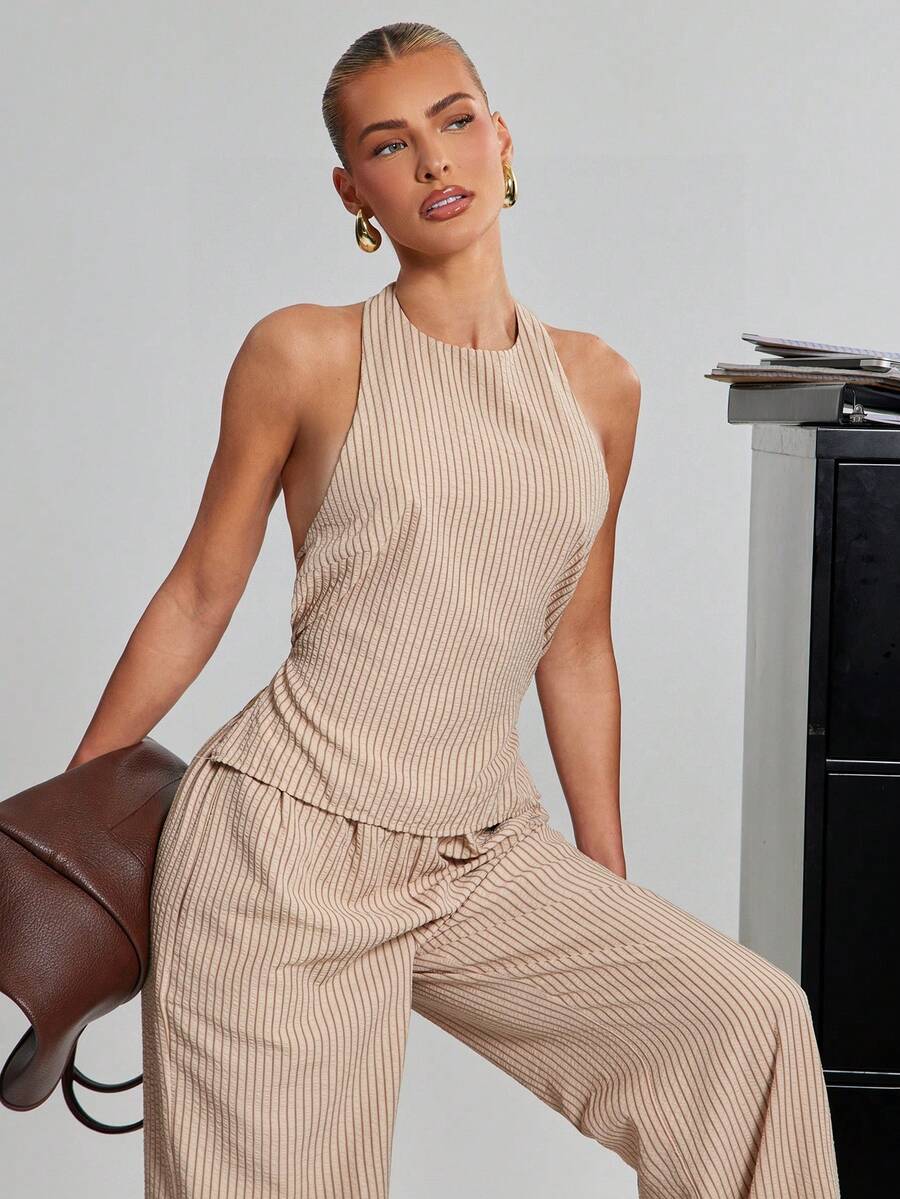 Hauture Conjunto de top con espalda abierta y pantalones a rayas - Multicolor - Ver 1