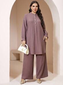 Veilorie Plus Size Elegant Commuter Solid Color Shirt & Pants 2 Pieces Set - Dusty Pink - View 3