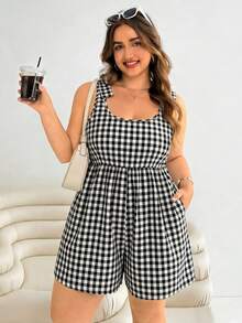 Solflare Bộ áo liền quần kẻ caro đen trắng cỡ lớn dành cho nữ, có dây rút, hoàn hảo cho kỳ nghỉ hè hoặc ngày Valentine. - Đen và trắng - Xem 4