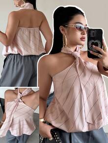 POPSWAY 条纹印花露背吊带系带宽松上衣，优雅大方，适合度假、外出穿着，露肩设计，无后背。 - 彩色 - 查看 1