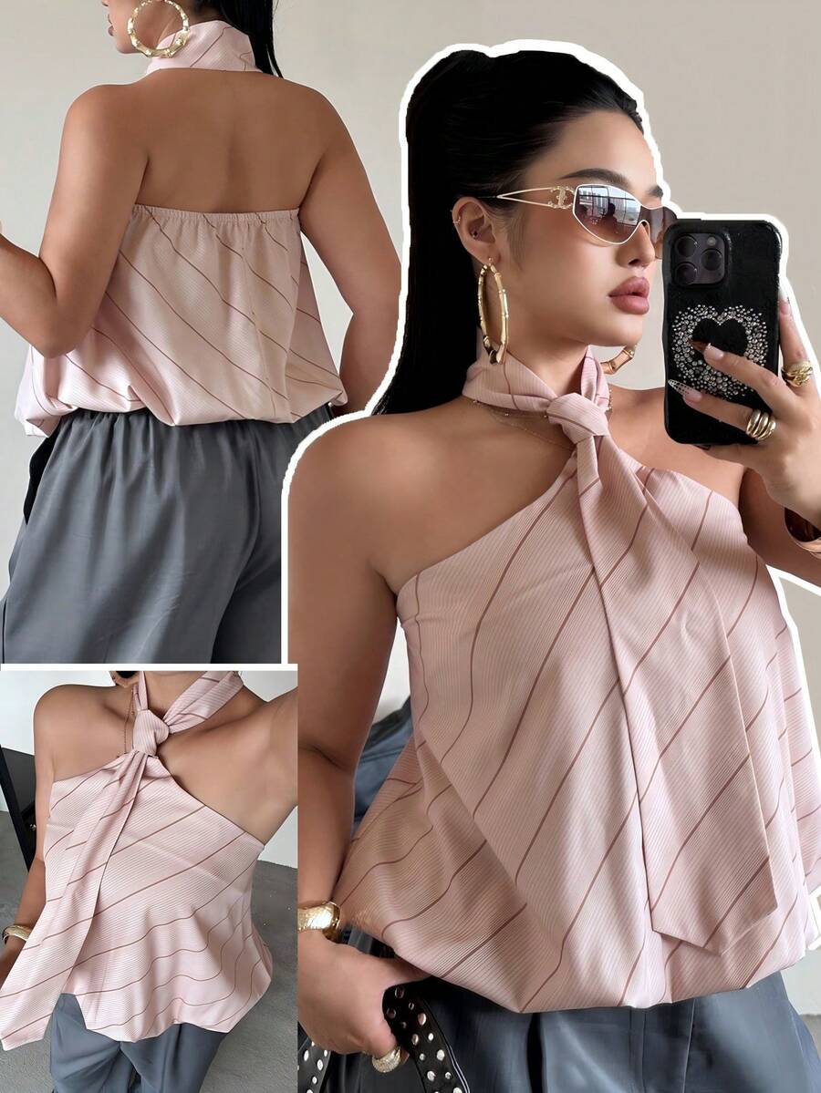 POPSWAY 条纹印花露背吊带系带宽松上衣，优雅大方，适合度假、外出穿着，露肩设计，无后背。 - 彩色 - 查看 1