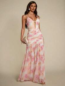 SHEIN BAE Women's Floral Print Ruched Waist Elegant Party Slip Dress - Pink - View 5