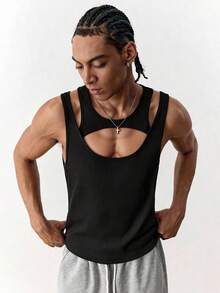 SWAVVY Men's Asymmetrical Hollow-Out Tank Top, Fashionable - Black - View 5