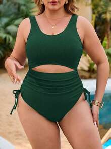 SHEIN Navy Blue Plus Size One-Piece Swimsuit With Cover Up Set For Leisure & Holiday - Teal Blue - View 6