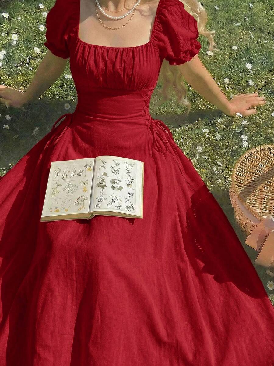 SHEIN MOD Vestido amarillo de longitud media con mangas de pétalos y cintura con lazo - Rojo - Ver 1