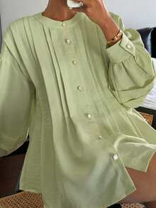 Blusa amarilla holgada con cuello redondo y plisados para mujer - Verde - Ver 5