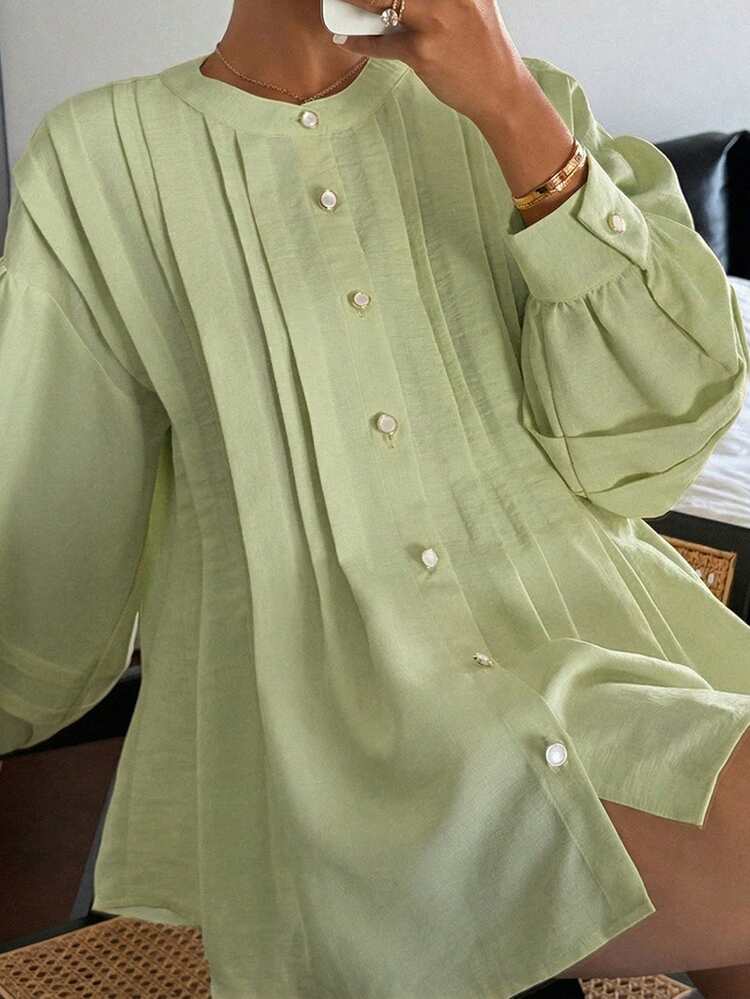 Women's Loose Fit Pleated Round Neck Yellow Blouse