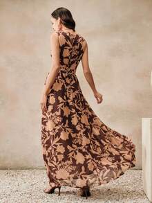 Women's Long V-Neck Floral Print Dress, Vacation Style - Multicolor - View 8