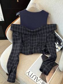SHEIN Franclia 女士优雅复古百搭格子露肩长袖衬衫 - 藏蓝色 - 查看 2