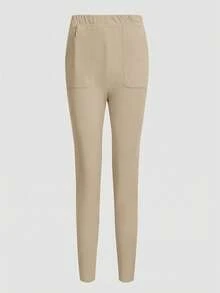 TaskEZ Simple Solid Color V-Neck Short Sleeve T-Shirt With Pockets Paired With Long Pants, Scrub Set - Khaki - View 7