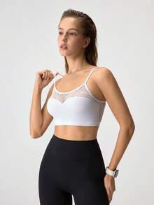 EMUPER 女士白色网纱拼接可调节肩带性感露脐文胸上衣 - 白色 - 查看 4