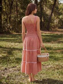Sweetness French Countryside Romantic Fitted Sleeveless Red & White Plaid Dress - Red - View 5