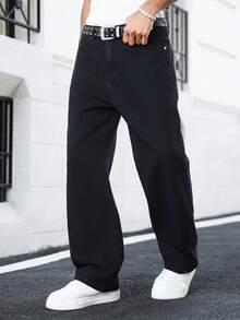 Manfinity EMRG Quần jeans ống rộng dáng suông cao cấp dành cho nam giới, thêu hoa anh đào, đã qua xử lý giặt. - màu đen - Xem 4