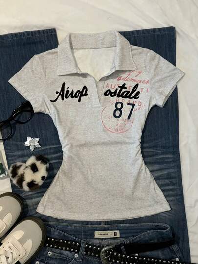 Glimmora Camiseta de mujer de manga corta con cuello polo y estampado minimalista