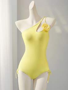 SHEIN Swim 1 buah Baju Renang Wanita Terusan Seksi Tanpa Punggung dengan Dekorasi Bunga 3D, Cocok untuk Liburan Musim Panas - Kuning - View 3