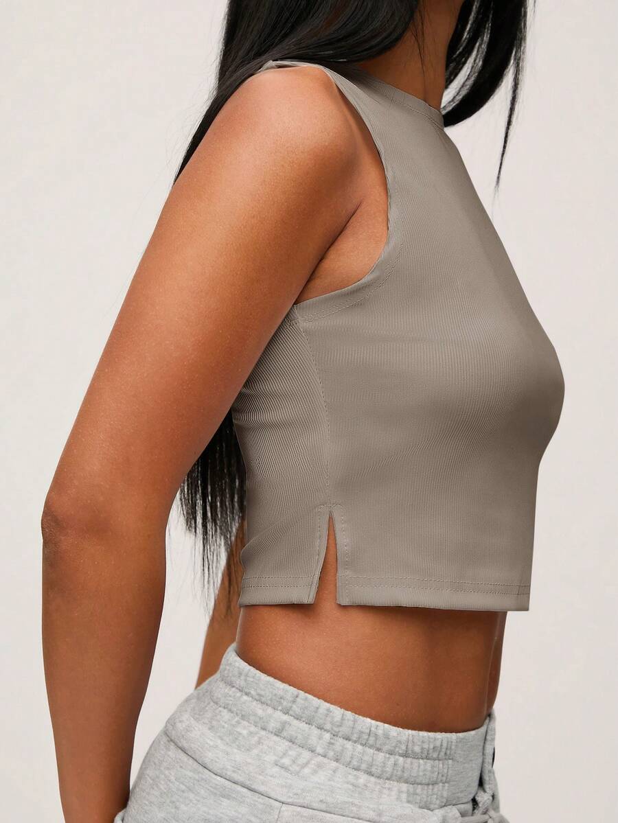 SHEIN BASICS Áo tank top ngắn tay cổ tròn màu trơn dành cho nữ