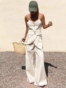 DAZY 女士纯棉V领吊带背心和休闲牛仔裤套装，适合度假、派对和夏季穿着 - 杏色 - 查看 6