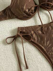 SHEIN Swim Women's Brown Grid Underwire Bikini Set,Adjustable Spaghetti Straps,High-Cut Tie-Side Design,Backless Summer Casual Beach Holiday Vacation Bikini - Brown - View 7