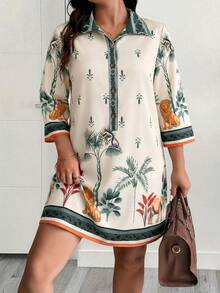 EMERY ROSE Plus Size Women's Spring/Summer Animal & Botanical Print Placement Print Short Sleeve Shirt Collar Casual Mid-Length Dress - Multicolor - View 4