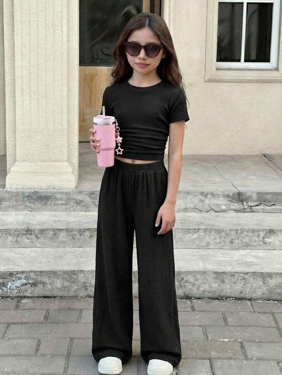 SHEIN 少女纯棕色纹理针织侧褶短袖修身T恤和阔腿裤休闲两件套 - 黑色 - 查看 1