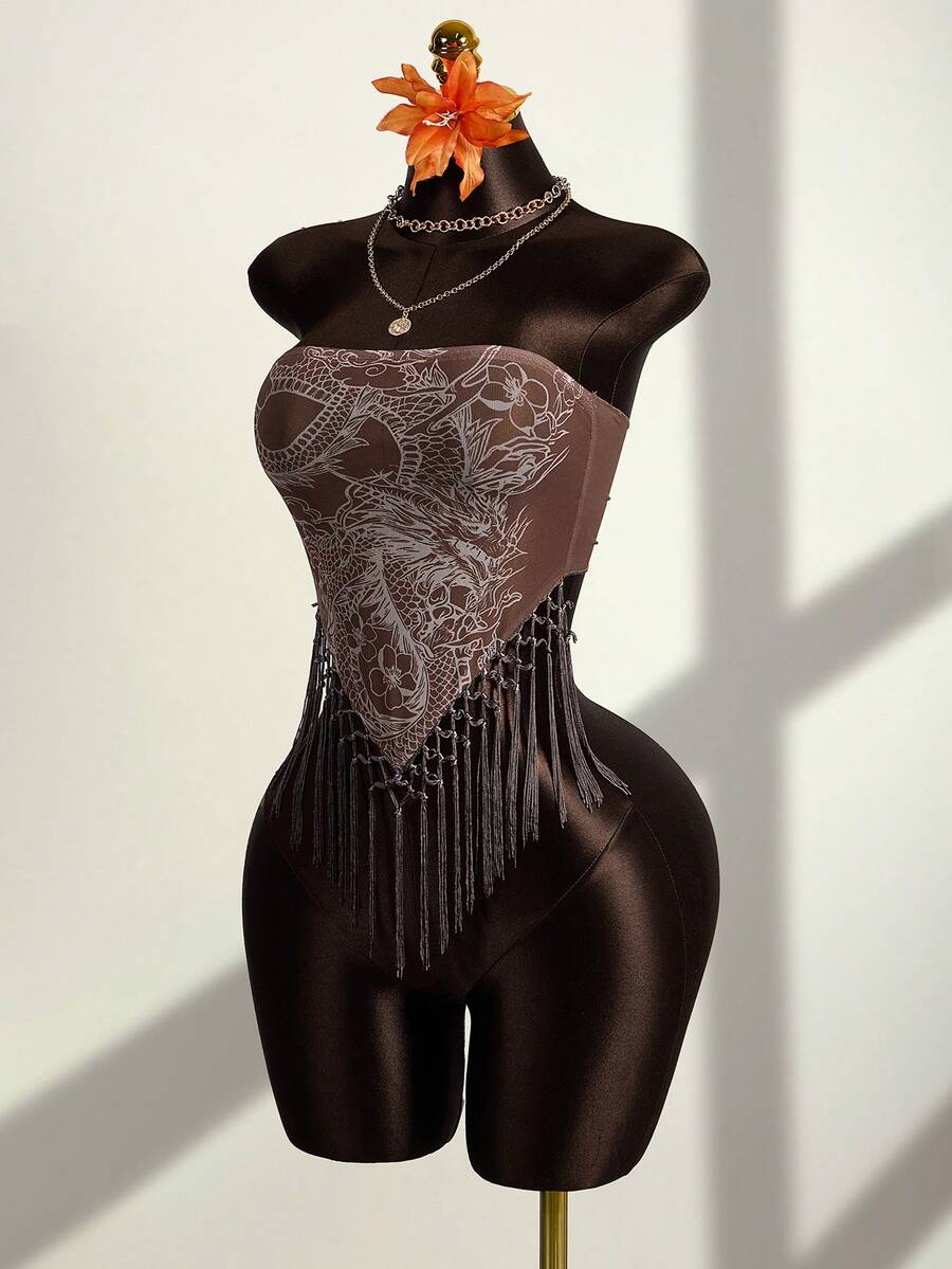 Zestiva Áo quây nữ đi nghỉ mát in hình rồng Trung Quốc, viền tua rua. - màu nâu - Xem 1