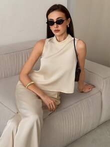 DAZY Women's Elegant Solid Color Mandarin Collar Top And Wide Leg Pants 2-Piece Set, Spring & Summer Lounge Sets For Women Short Sets For Women - Beige - View 3