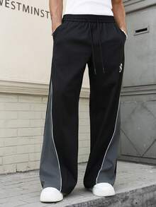 PAVTROS 男士宽松抽绳腰带印花休闲运动裤，年轻街头风男士阔腿裤，男士运动裤，Y2K 男士长裤，男士喇叭裤，街头风男士长裤 - 黑色 - 查看 3