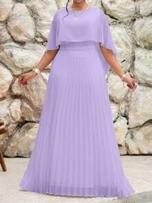 SHEIN CURVE+ Đầm cỡ lớn dành cho nữ, thanh lịch, thích hợp mặc đi làm, dự tiệc, đám cưới, tiệc cocktail, hòa nhạc/lễ hội âm nhạc, màu tím, chất liệu chiffon dệt, cổ tròn, thắt dây, tay lửng xếp ly, cỡ lớn, đầm cỡ lớn, đầm thanh lịch dành cho nữ, bộ đầm thanh lịch. - Màu tím - Xem 5