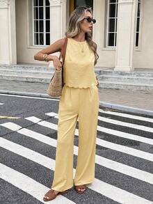 Serisse Women's Vacation Casual Solid Color Tank Top And Pants 2 Pieces Set,Work Outfits For Women,Vacation Outfits Women - Light Yellow - View 5