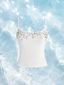 ROMWE 海滩度假贝壳扣设计紧身夏季吊带背心 - 白色 - 查看 5