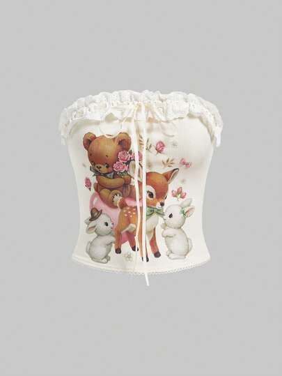 ROMWE Kawaii Áo quây nữ kiểu dáng retro dễ thương in hình gấu, ngựa con, thỏ, viền ren và nơ.