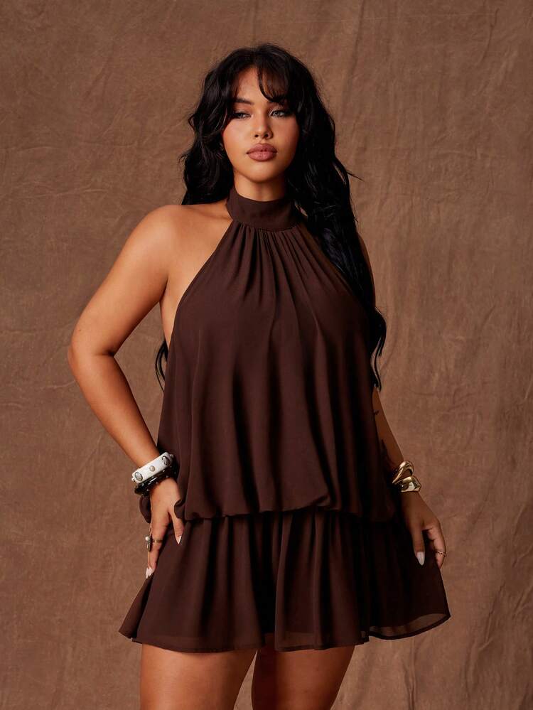 Rustia Vestido Curto Elegante Feminino Marrom Sólido com Decote Halter e Costas Abertas, Vestido Elegante para Mulheres, Vestido de Ano Novo, Vestido de Festa Elegante - Castanho - Visão 6